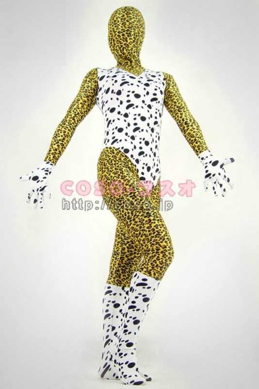 イェローと白　混色　豹柄模様　超ミニ　スパンデックス ゼンタイ コスチューム―3taitsu0118