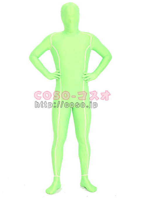 ライトグリーン　白ライン修飾　伸縮性よい　ライクラ＆スパンデックス全身タイツ―3taitsu0156