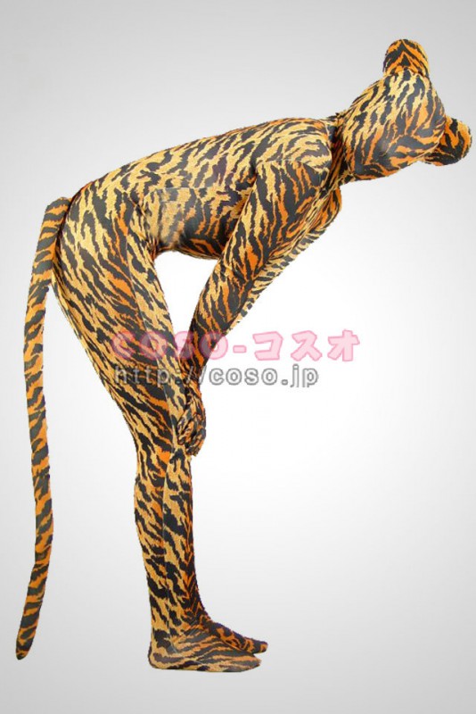 トラ柄　ライクラ　スパンデックス　覆面全身タイツ　テール付き―7taitsu0003
