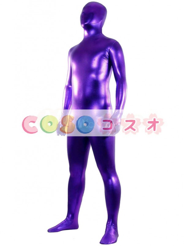 メタリック全身タイツ，紫色　ユニセックス　大人用　ボディースーツ　コスチューム衣装　開口部がない　　―taitsu-tights0597