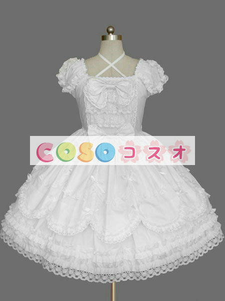 ロリータ服　ワンピース　ホワイト　チュニック　ドレス　コットン　可愛い　半袖　飾り付き襟　リボン　パーティー　 ―Lolita0591
