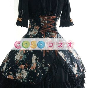 ブラック　ロリィタワンピース　半袖　チャイナドレス　牡丹　プリント ―Lolita0031