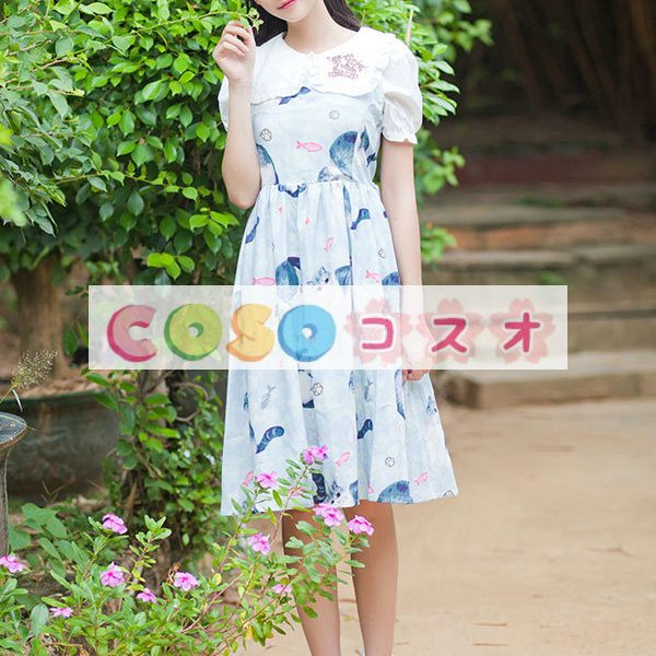 ロリータ服　ワンピース　ライトブルー　チュニック　プリント柄　綿麻　可愛い　ノースリーブ　パーティー　 ―Lolita0085 1