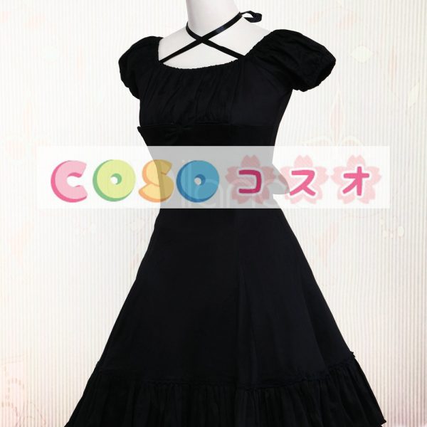 ロリータワンピース，ブラック　ジュエルネック　ラッフル　ショートスリーブ　プリンセスライン　 ―Lolita0122 1