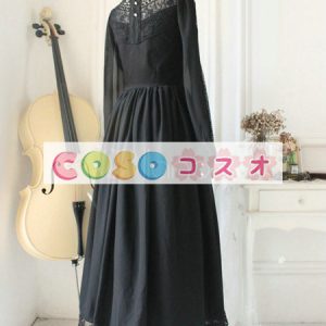 ロリータ服　ワンピース　ブラック　単色　ドレス　オーガンザ　ゴシック　レース　カジュアル　 ―Lolita0195