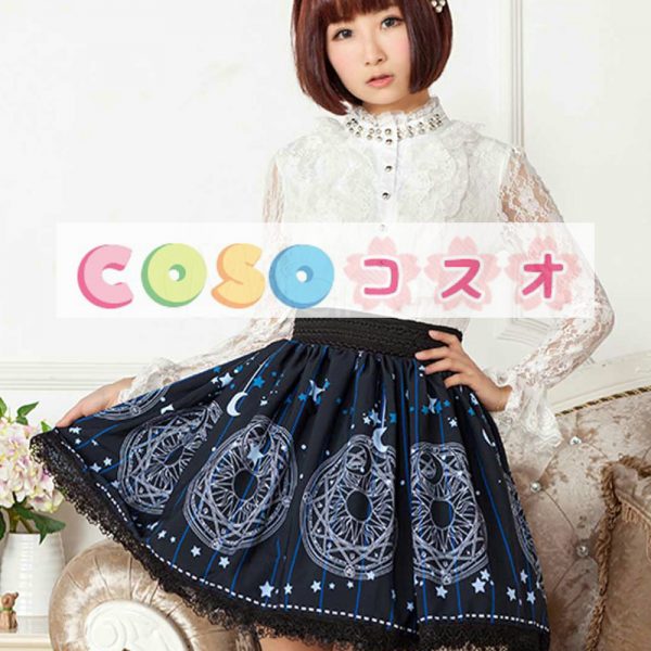 ロリータ服　スカート　スウィート　ポリエステル　プリント　ディープブルー　カジュアル　 ―Lolita0217 1