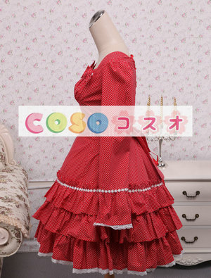 ロリータワンピース,レッド スクエアネック ラッフル ロングスリーブ 水玉模様 姫風 ―Lolita0277 1 ロリータワンピース,レッド スクエアネック ラッフル ロングスリーブ 水玉模様 姫風 ―Lolita0277 1