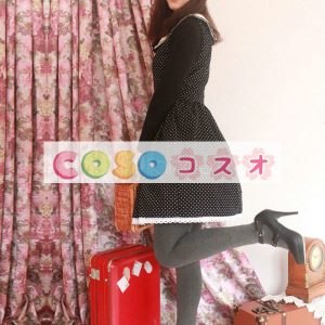 ロリータ服　ワンピース　ブラック　ポルカドット（水玉模様）　ジャンパー　コーデュロイ　スィート　レース　カジュアル　 ―Lolita0328
