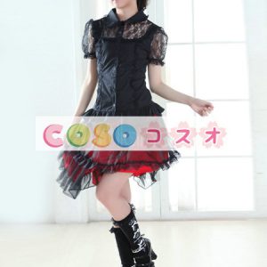 ロリータスカート，レッド・ブラック　ティアド　パンク　綿混紡　―Lolita0350