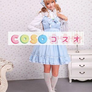 ロリータジャンパースカート，ブルー　縞模様　蝶結び　スィート　コットン　 ―Lolita0365