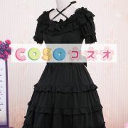 ロリータワンピース，ブラック　スクエアネック　ティアド　ショートスリーブ　クラシック＆トラディション　 ―Lolita0395