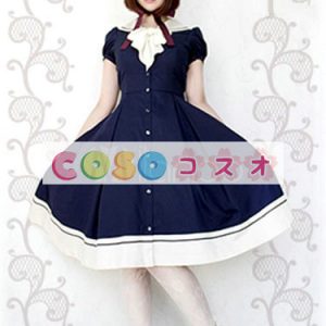ロリータ服　ワンピース　ダークネイビー　チュニック　ドレス　コットン　可愛い　半袖　折り襟　リボン　パーティー　 ―Lolita0411