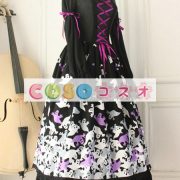 ロリータ服　ワンピース　ブラック　プリント　ドレス　コットン　ゴシック　結び　カジュアル　 ―Lolita0420