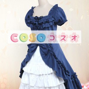 ロリータワンピース，ブルー＆ホワイト　スクエアネック　ティアド　ショートスリーブ　スィート　 ―Lolita0469