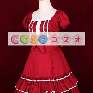 ロリータワンピース，レッド　スクエアネック　ラッフル　ショートスリーブ　スィート　リボン ―Lolita0480
