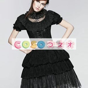 ロリータ服　ワンピース　ブラック　単色　ドレス　ナイロン　ゴシック　レース　カジュアル　 ―Lolita0520