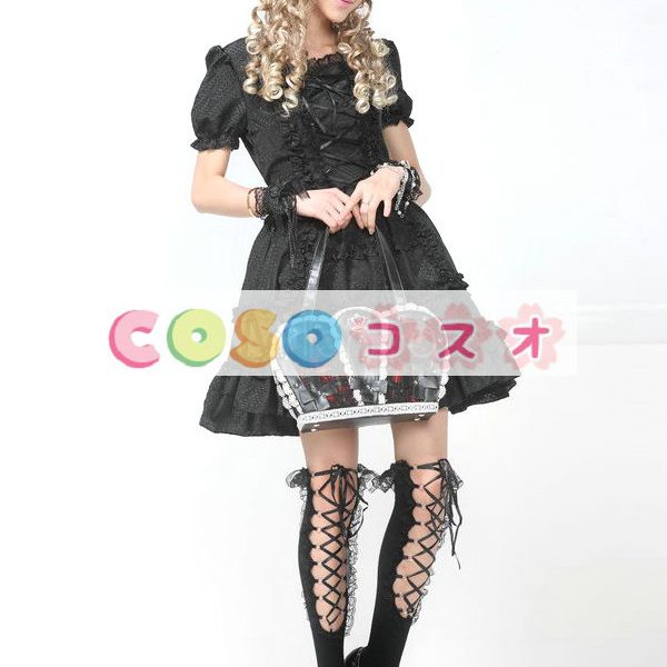 ロリータワンピース，ブラック　スクエアネック　ドローストリング　ショートスリーブ　ゴシック　 ―Lolita0521 1