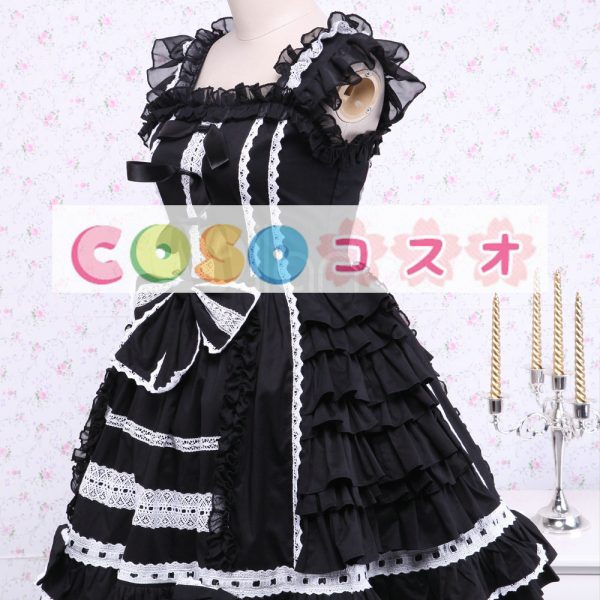 ロリータワンピース，ブラック　リボン　ティアド　スィート　コットン　 ―Lolita0556 1