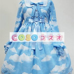 ロリータ服　ワンピース　チュニック　プリント柄　綿混紡　可愛い　長袖　リボン　パーティー　 ―Lolita0561