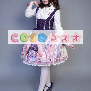 ロリィタジャンパースカート　パーティー　可愛い　合成繊維　プリント柄　リボン　 ―Lolita0605