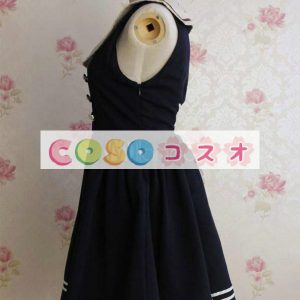 ロリータ服　ワンピース　ダークネイビー　チュニック　ドレス　綿混紡　可愛い　ノースリーブ　折り襟　リボン　パーティー　 ―Lolita0609