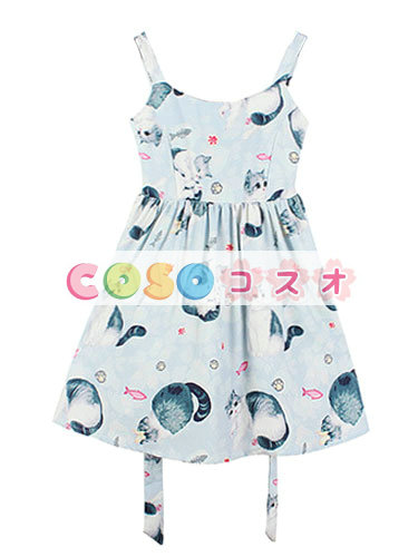 ロリータ服 ワンピース ライトブルー チュニック プリント柄 綿麻 可愛い ノースリーブ パーティー ―Lolita0628 1 ロリータ服 ワンピース ライトブルー チュニック プリント柄 綿麻 可愛い ノースリーブ パーティー ―Lolita0628 1