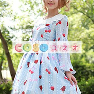 ロリータ服　ワンピース　チュニック　プリント柄　シフォン　可愛い　長袖　ジュエルネック　パーティー　 ―Lolita0636
