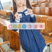 ロリータ服　ワンピース　ネイビーブルー　チュニック　ドレス　合成繊維　可愛い　長袖　ジュエルネック　リボン　パーティー　 ―Lolita0653