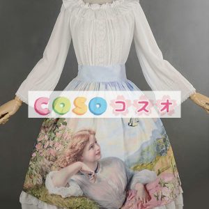 ロリィタスカート　ライトブルー　可愛い　プリント柄　リボン　パーティー　合成繊維　 ―Lolita0666