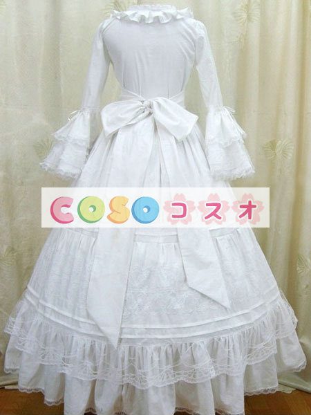ロリータ服　ワンピース　ホワイト　チュニック　ドレス　ポプリン　可愛い　長袖　飾り付き襟　リボン　パーティー　 ―Lolita0691 1