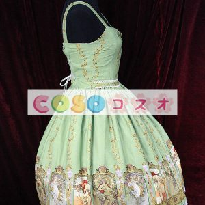 ロリィタジャンパースカート　グリーン　リボン　可愛い　合成繊維　パーティー　プリント柄　 ―Lolita0702