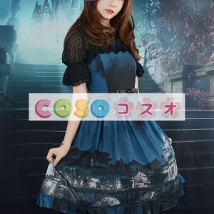 深い青色のロリータ ドレス ストラップ プリント シフォン ドレス ―Lolita0793