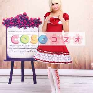 ロリータワンピース，レッド　スクエアネック　レース　ショートスリーブ　ゴージャス　 ―Lolita0401