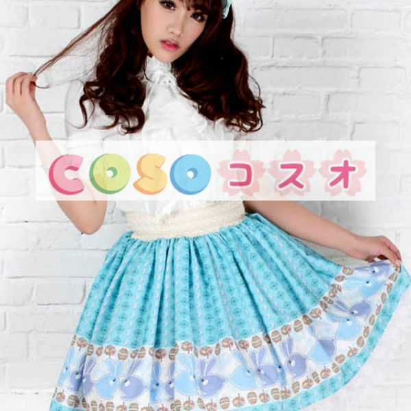 ロリータ服　スカート　ブルー　レース付き　スィート　プリント柄　 ―Lolita0447 1