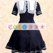 ロリータ服 ワンピース ダークネイビー チュニック ドレス コットン 可愛い 半袖 折り襟 リボン パーティー ―Lolita0735