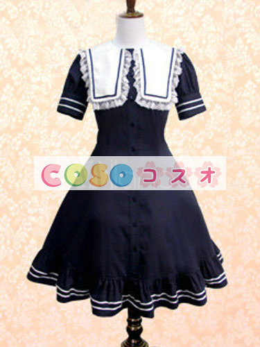 ロリータ服 ワンピース ダークネイビー チュニック ドレス コットン 可愛い 半袖 折り襟 リボン パーティー ―Lolita0735 1 ロリータ服 ワンピース ダークネイビー チュニック ドレス コットン 可愛い 半袖 折り襟 リボン パーティー ―Lolita0735 1
