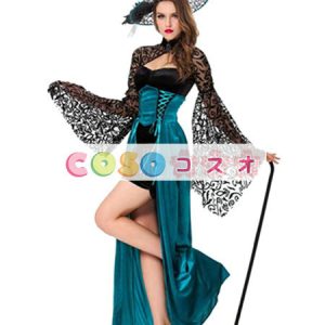 ハロウィン　魔法使い　コスチューム　魔女　トランペットスリーブ　レース　女性用　ドレス―festival-0158
