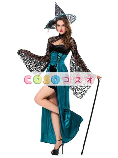 ハロウィン　魔法使い　コスチューム　魔女　トランペットスリーブ　レース　女性用　ドレス―festival-0158 1