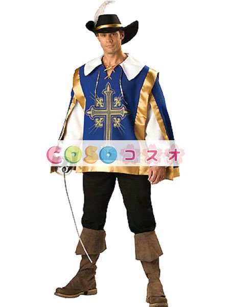 ハロウィン　銃兵　騎士　ロイヤルガード　コスチューム　ブルー　男性用　合成繊維―festival-0445 1