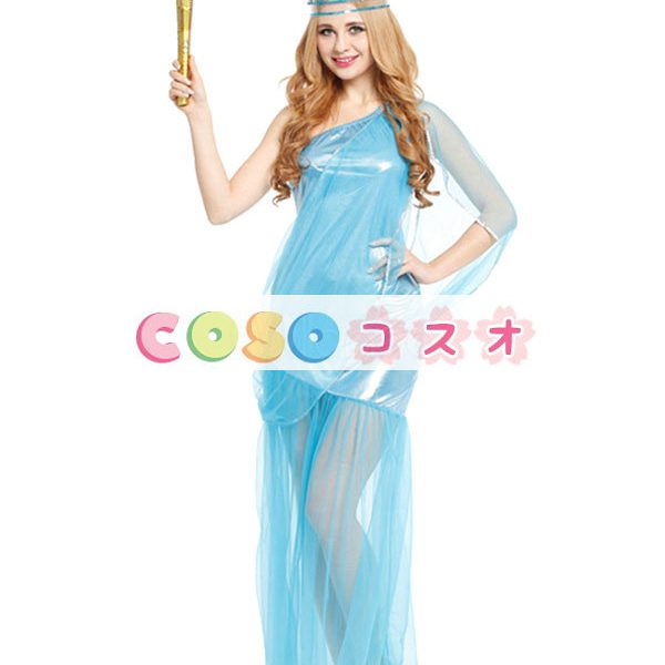 ハロウィン　自由の女神像　コスチューム　ドレス　ブルー　ワンショルダー　アメリカン　女性用　ポリエステル―festival-0596 1