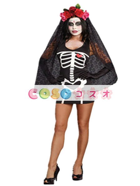 コスチューム衣装　ブラック　スケルトン　女性用　ポリエステル　ハロウィーン　ドレス　―festival-0650 1