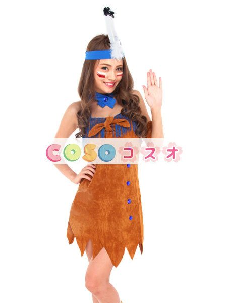 ハロウィーン ライト タン ネイティブ インド舞踊ドレス ストラッ プレスの原始的な野蛮人女家長コスチューム コスプレ―festival-0694 1