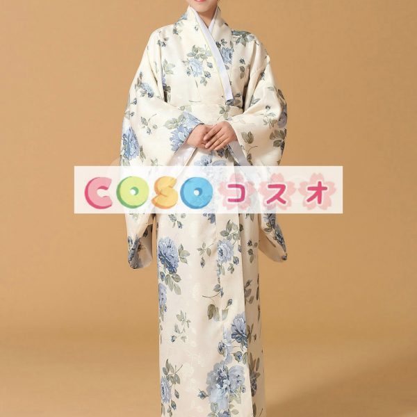 和服　コスチューム　ハロウィン　ベージュ　浴衣　花柄　女性用　大人用―festival-0656 1