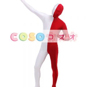 全身タイツ，レッド＆ホワイト　ユニセックス　大人用　カラーブロック　開口部のない全身タイツ　仮装コスチューム　―taitsu-tights1148
