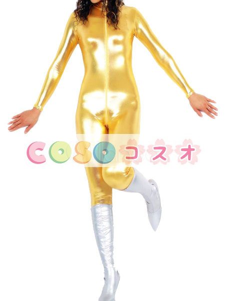 全身タイツ　ゴールド×ホワイト　メタリック　コスチューム衣装　―taitsu-tights0925