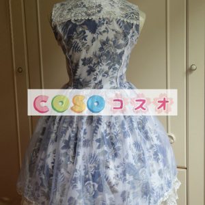 ロリータ服　ワンピース　ブルー　プリント　ジャンパー　コットン　スィート　ノースリーブ　レース　カジュアル　 ―Lolita0037