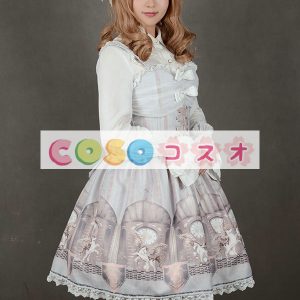 ロリィタジャンパースカート　パーティー　可愛い　合成繊維　プリント柄　リボン　 ―Lolita0048