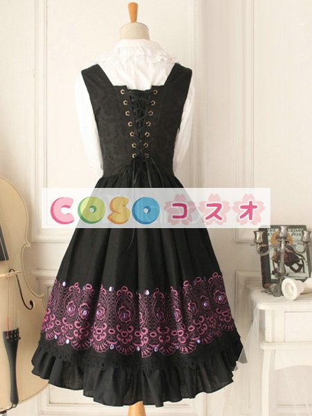 ロリータジャンパースカート　ブラック　カスケードフリル　ゴシック　コットン　 ―Lolita0092