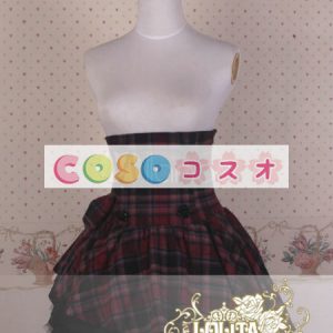 ギンガム　ハイウェスト　ロリィタスカート　サロペットスカート　ボタン　リボン　フリル―Lolita0137