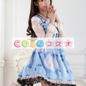 ロリータ服　ワンピース　ブルー　プリント　ジャンパースカート　ポリエステル　スィート　レース　カジュアル　 ―Lolita0151